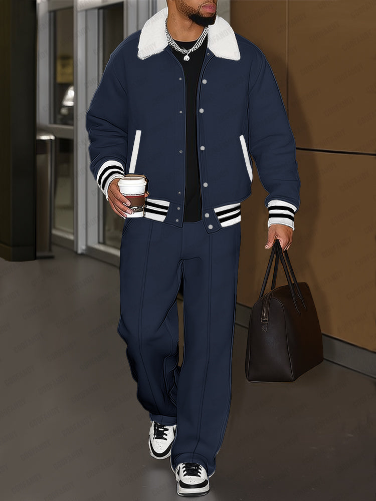 Urban Casual Plush Trim Jacket Pants Set