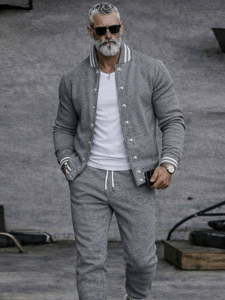 Casual Active Knit Bomber Jacket Jogger Set