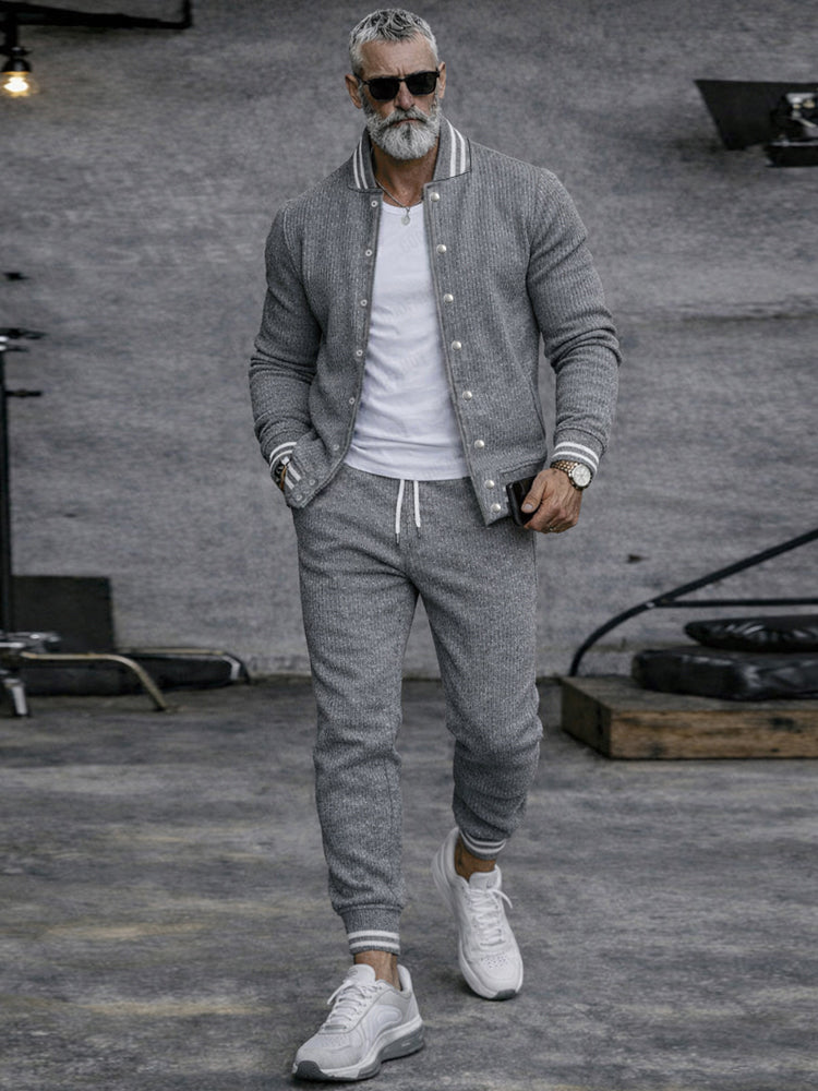 Casual Active Knit Bomber Jacket Jogger Set