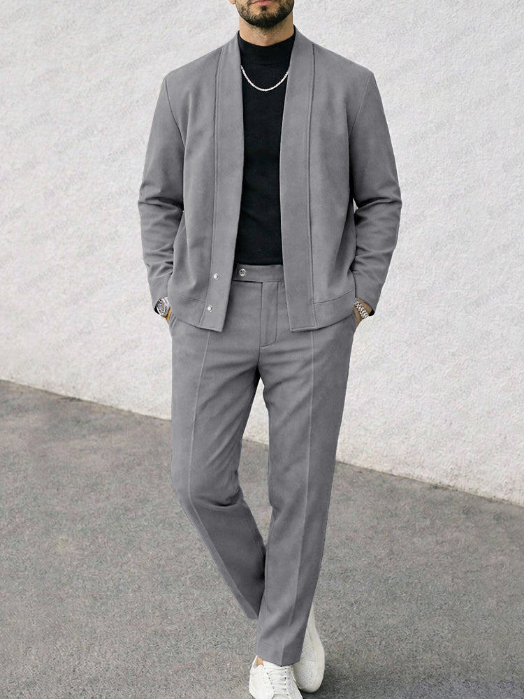Faux Suede Collarless Jacket Pants Set