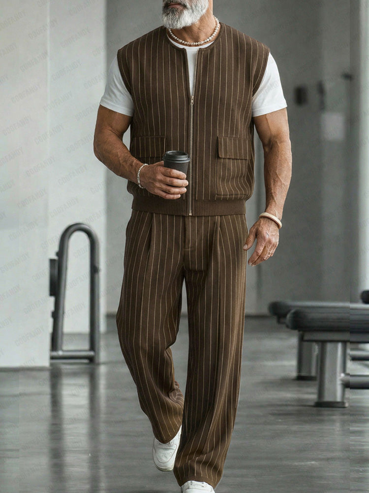 Urban Casual Pinstripe Zip Up Vest Pants Set