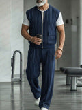 Urban Casual Pinstripe Zip Up Vest Pants Set
