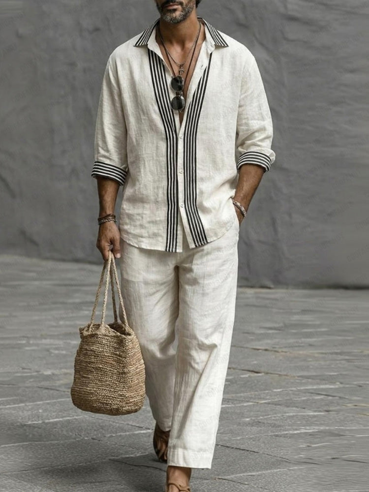 Nature Style Stripe Cotton Shirt and Pants Set