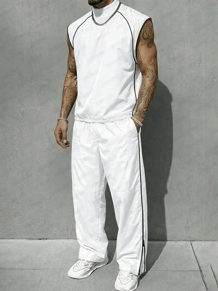 Athletic Contrast Color Ribbed Collar T-shirt Pants Set