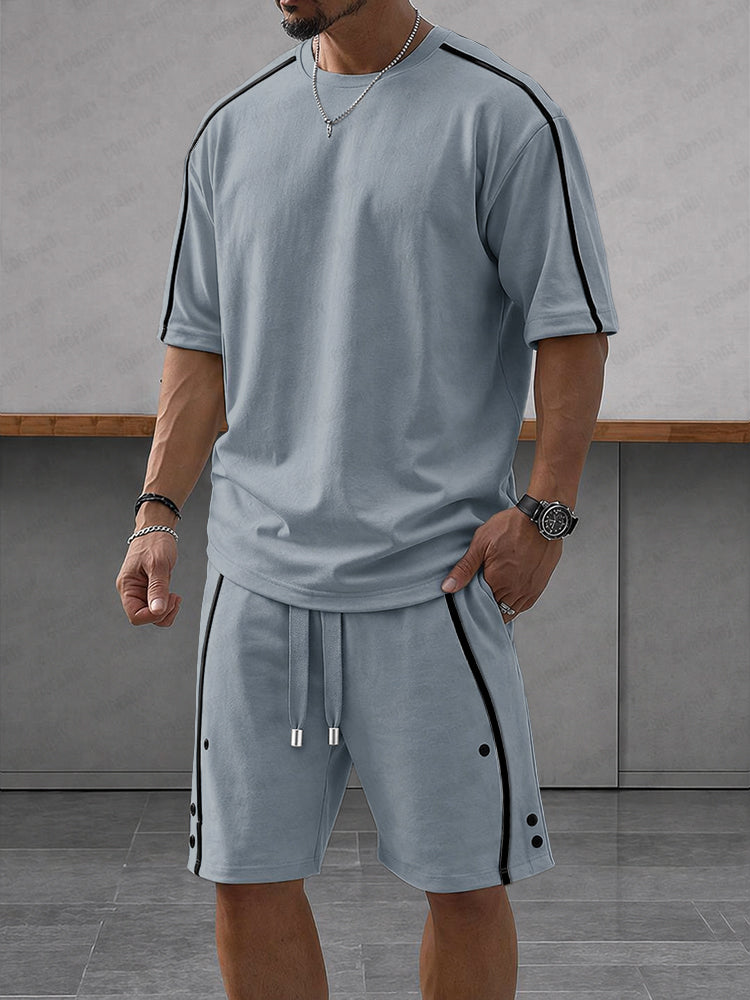 Casual Loose Contrasct Color Line Sports Set