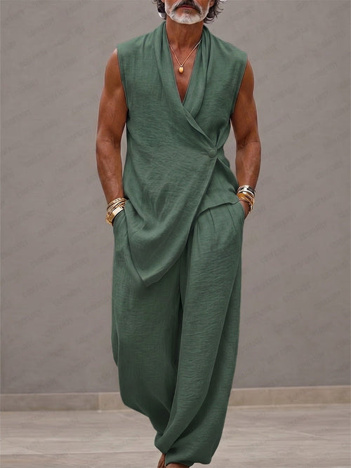 Casual 100% Cotton Back-Belt Vest and Loose Jogger Set