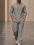 Casual Loose Button Accents Sleeve Shirt Pants Set